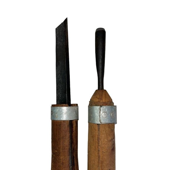2 Antique Primitive Woodworking Wood Lathe Chisel Tools 12" & 16" User or Decor - Picture 4 of 9